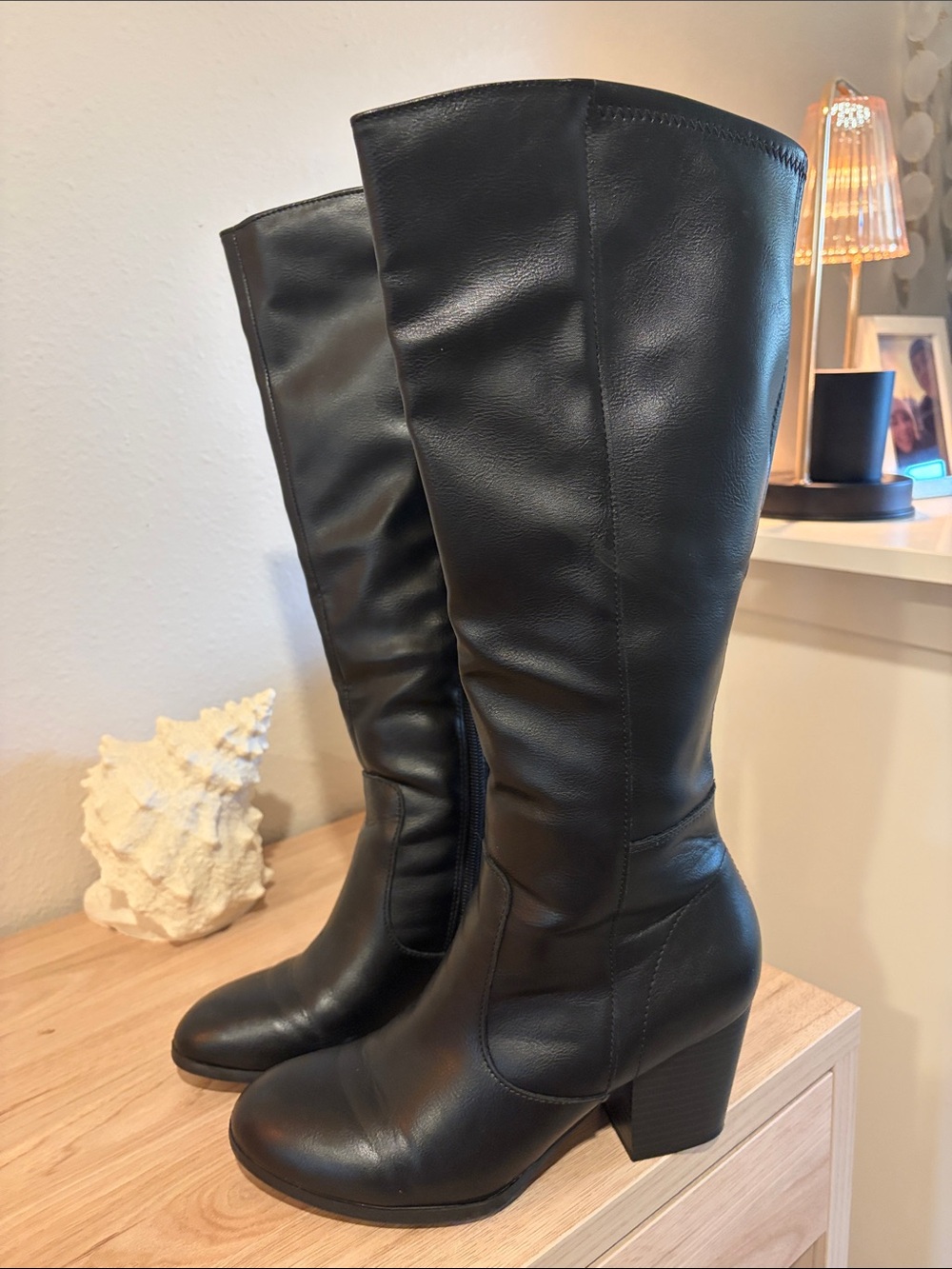 Classic Black Knee-High Block Heel Boots - Women's